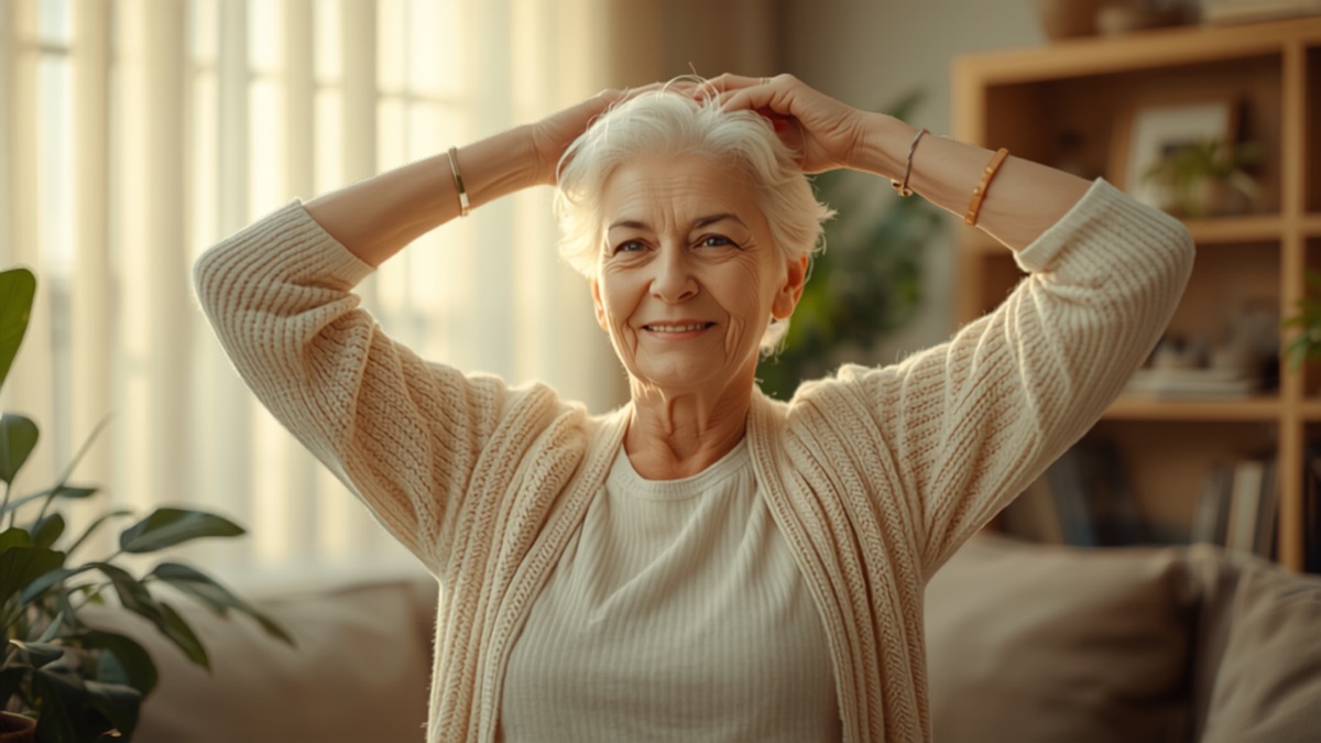 Smiling elderly woman doing gentle morning stretches in her bright living room