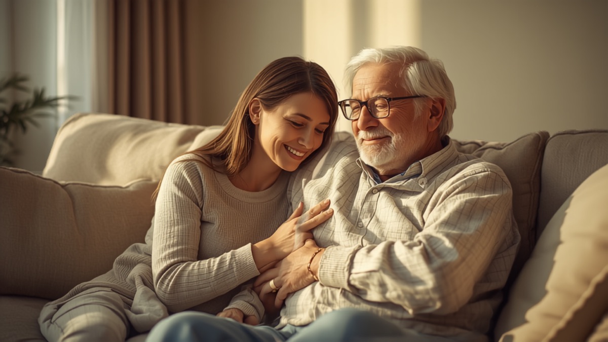 Adult daughter comforting her elderly father on the sofa at home