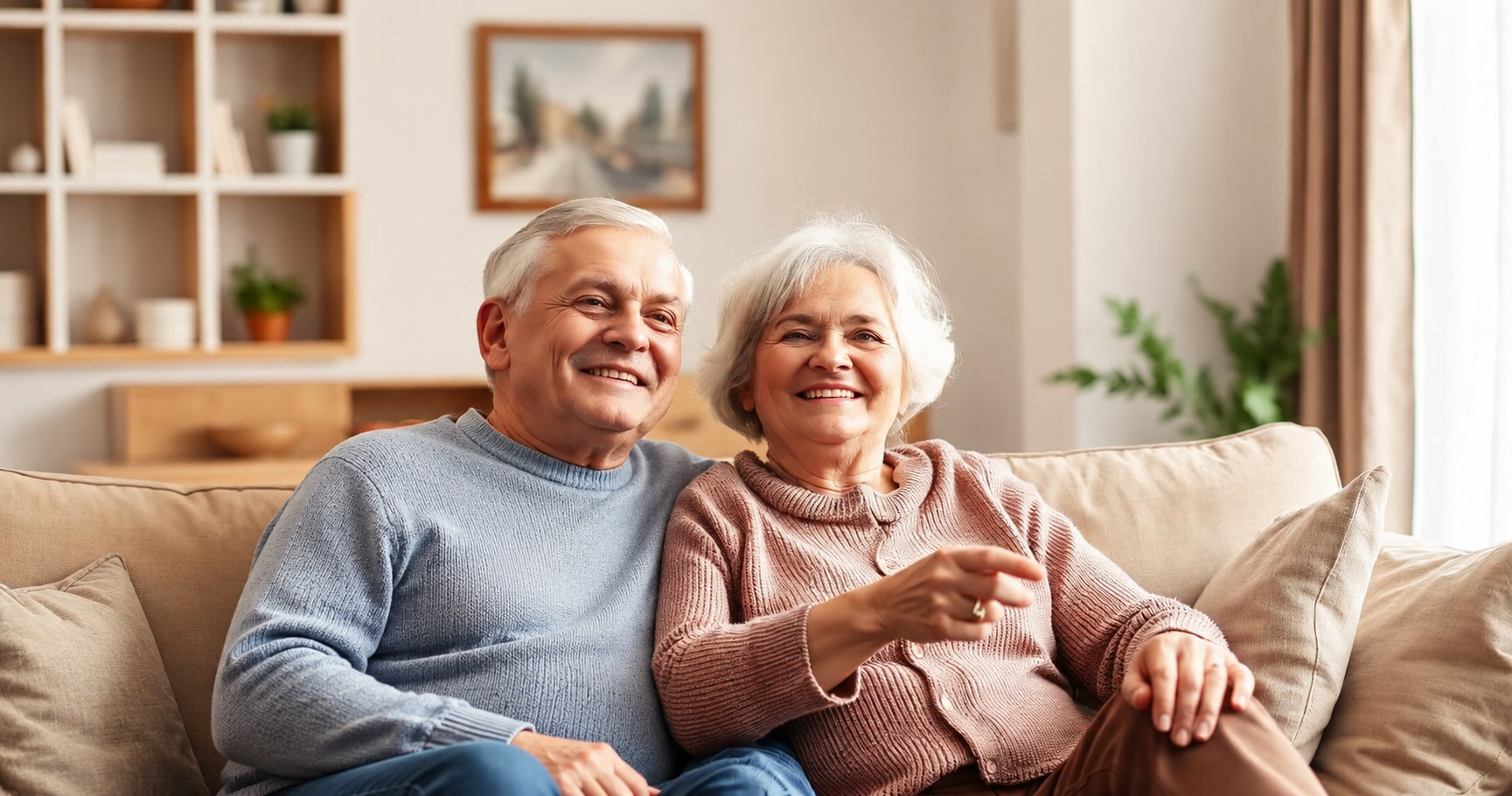 Elderly couple happily watching TV at home